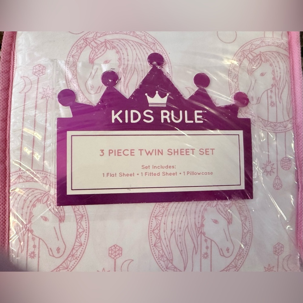 Kids Rule Unicorn Three Piece Microfiber Twin Sheet Set Pink and White